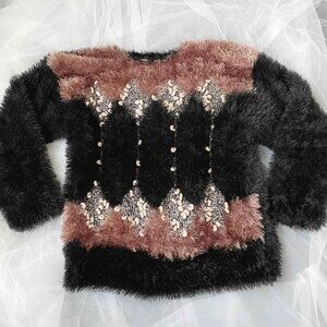 Black Fuzzy Pullover Sweater, Diamond Detail - Size Medium